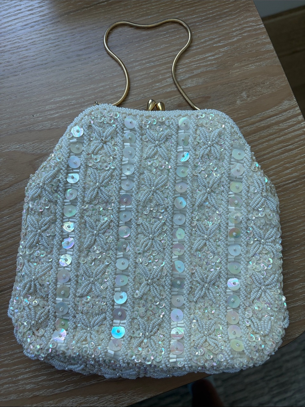 Vintage Beaded Ivory Sequin Evening Clutch with Gold Chain